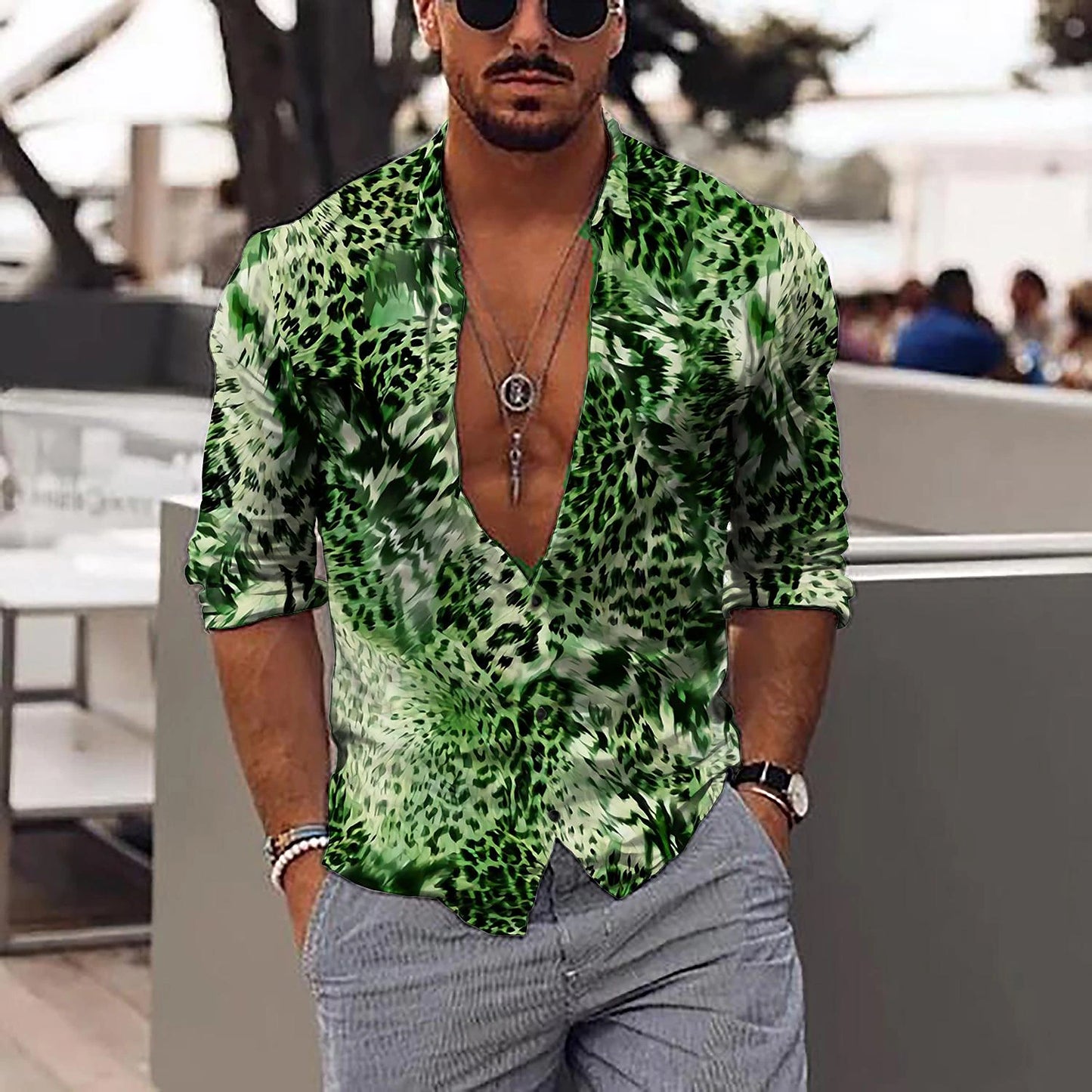 Men's Shirt Graphic Shirt Leopard Stand Collar Black Red Purple Brown Green 3D Print Outdoor Casual Long Sleeve 3D Print Button-Down Clothing Apparel Fashion Designer Casual Comfortable