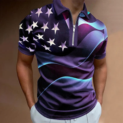 Men's Polo Shirt Golf Shirt Star Turndown Black White Black / Purple Red Royal Blue 3D Print Street Daily Short Sleeve Zipper 3D Clothing Apparel Fashion Casual Comfortable