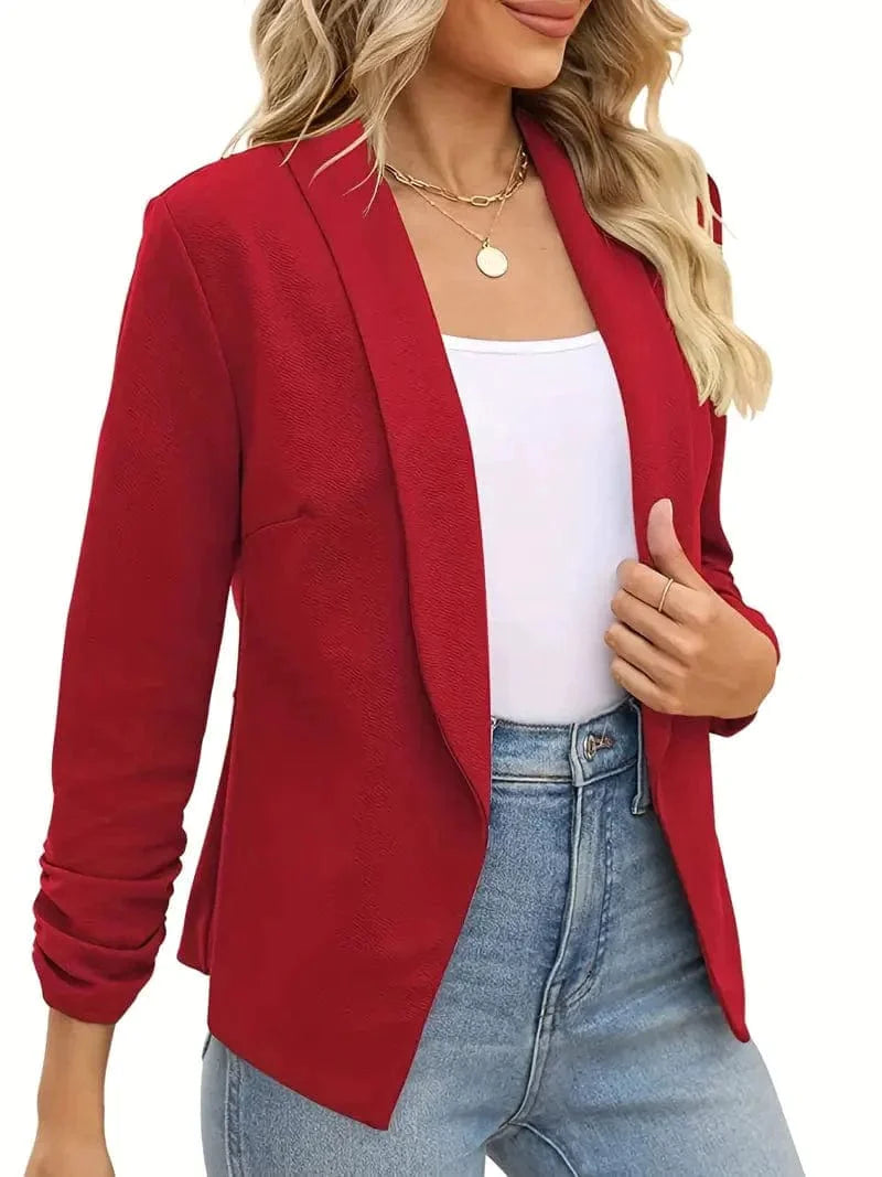 Ruched Solid Color Open-Front Buttonless Placket Casual Blazer