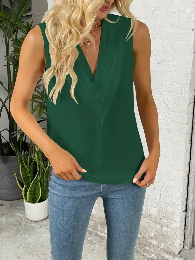 Ruched V Neck Blouse, Casual Sleeveless Solid Versatile Top