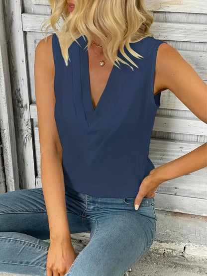 Ruched V Neck Blouse, Casual Sleeveless Solid Versatile Top