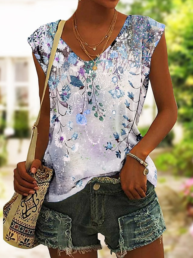 Floral Print V-Neck Sleeveless Tank Top for Women