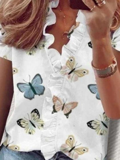 Ruffle Short Sleeve Butterfly Print Blouses