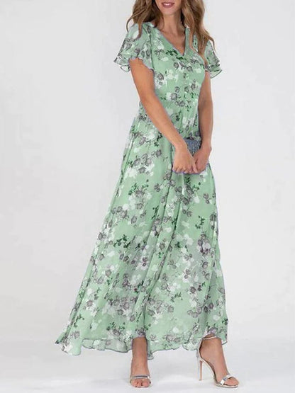 Ruffle Sleeve V Neck Floral Chiffon Maxi Dress