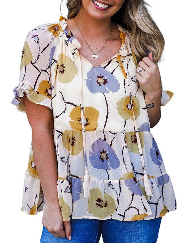 Ruffled Sleeve Floral Print Chiffon Top with Short Sleeves for Women