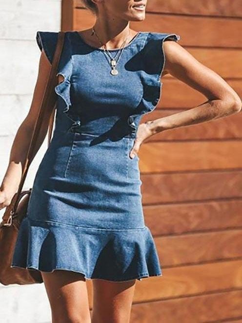 Ruffled Slim Stretch Denim Dress