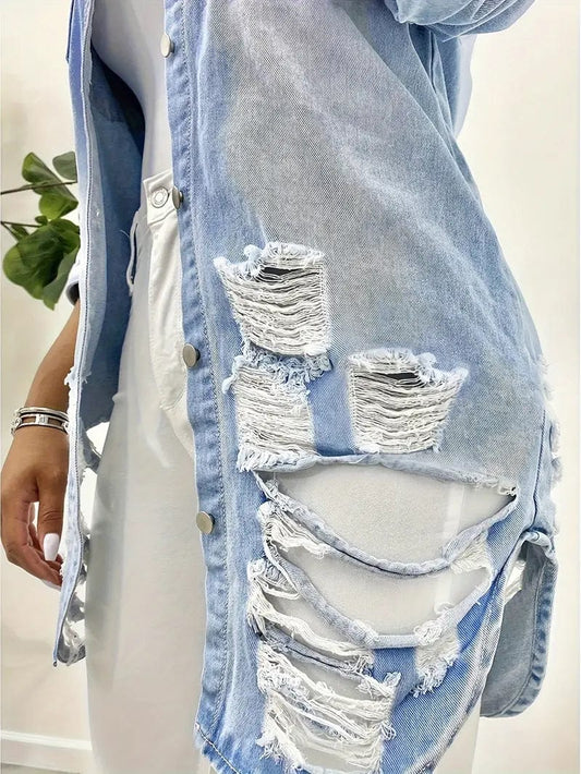 Rugged Distressed Denim Shirt with Patch Pockets and Button Closure