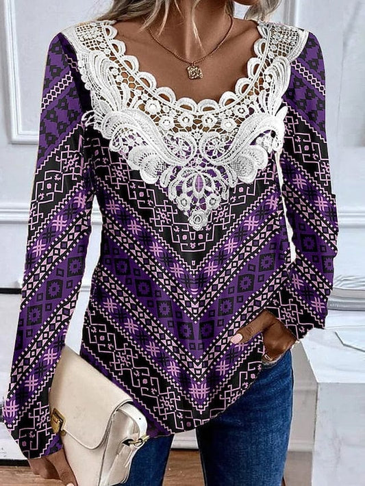 Fashionable Women's Long Sleeve Graphic Print Blouse with Lace Detail
