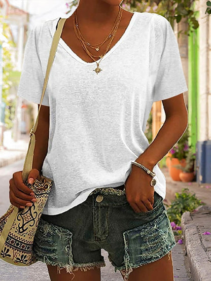 Women's Blouse T shirt Tee Basic Plain Daily V Neck T-shirt Sleeve Regular Summer White Black Blue Purple Dark Red - LuckyFash™