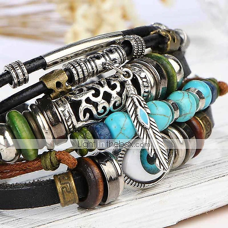 Men's Turquoise Leather Bracelet Classic Retro Leaf Punk Classic Rock Leather Bracelet Jewelry Black / Silver / Red / Orange / Light Brown For Gift Daily Beach
