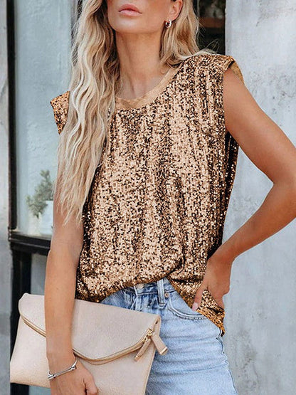 Sequin Embellished Sleeveless Blouse Women's Relaxed Fit Shoulder-Padded Tank Top