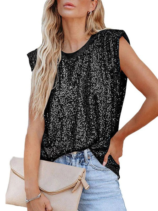 Sequin Embellished Sleeveless Blouse Women's Relaxed Fit Shoulder-Padded Tank Top