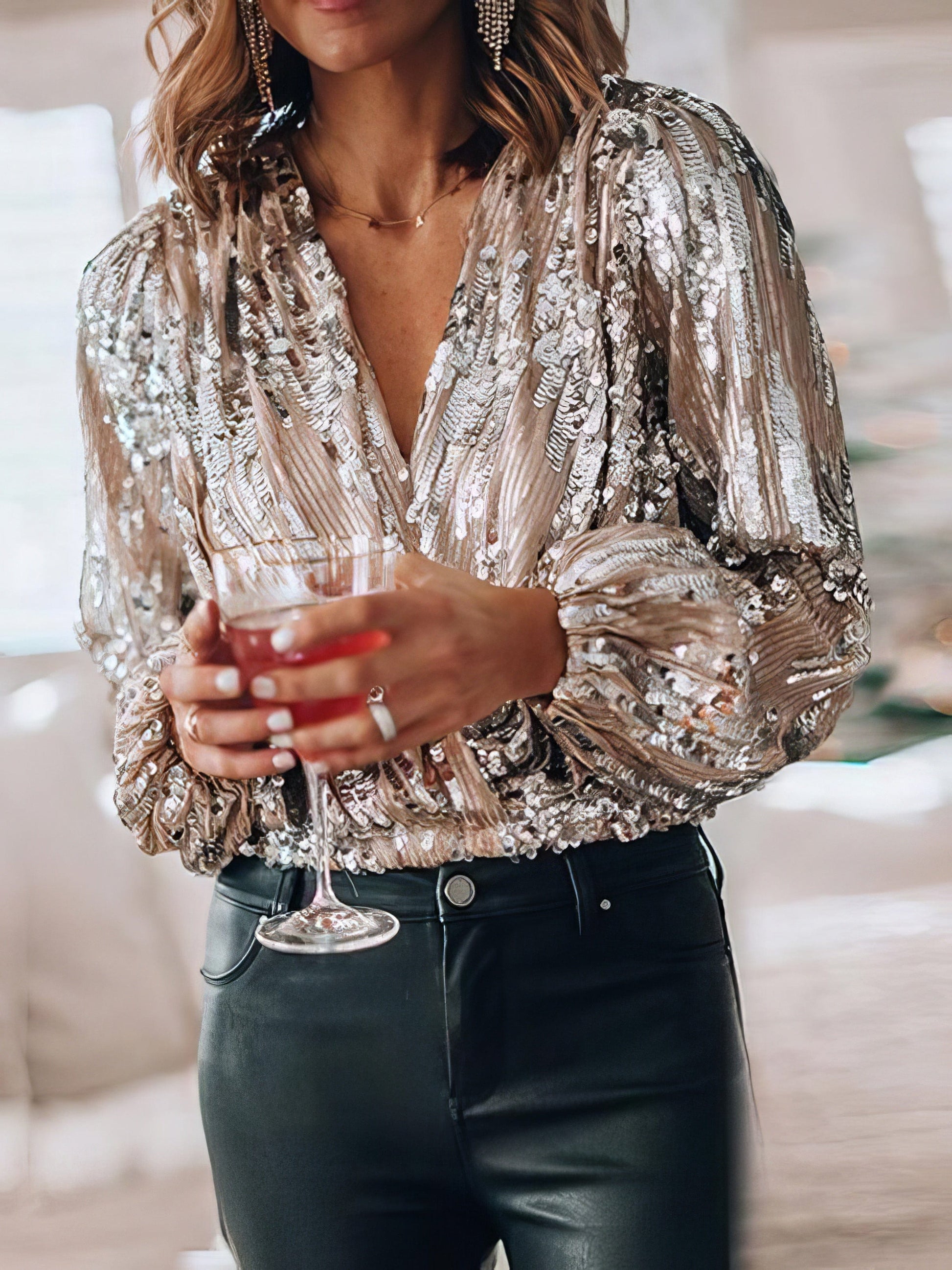 Sequined V-Neck Long Sleeve Blouse