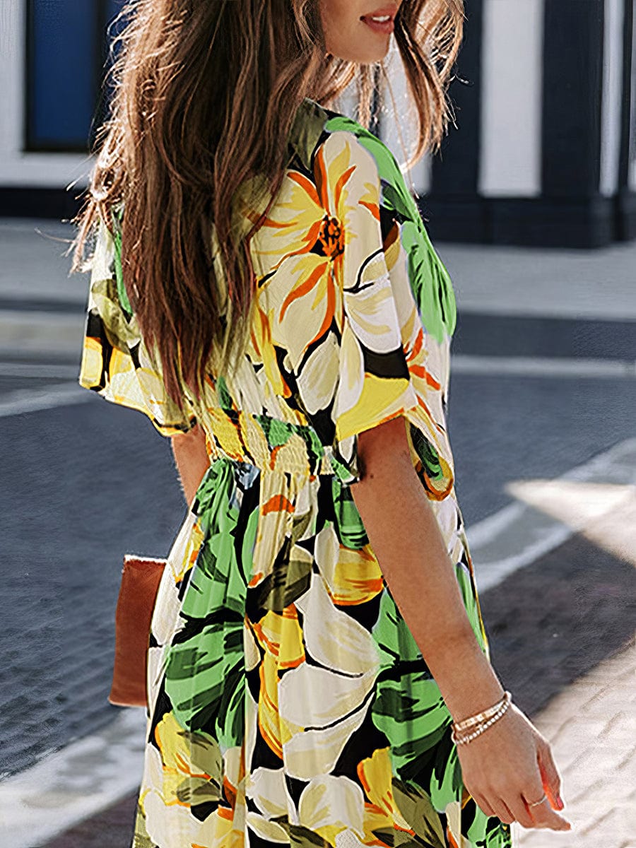 Sexy Commuter V Neck Fashion Printing Slit Midi Dress