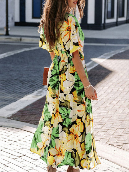 Sexy Commuter V Neck Fashion Printing Slit Midi Dress