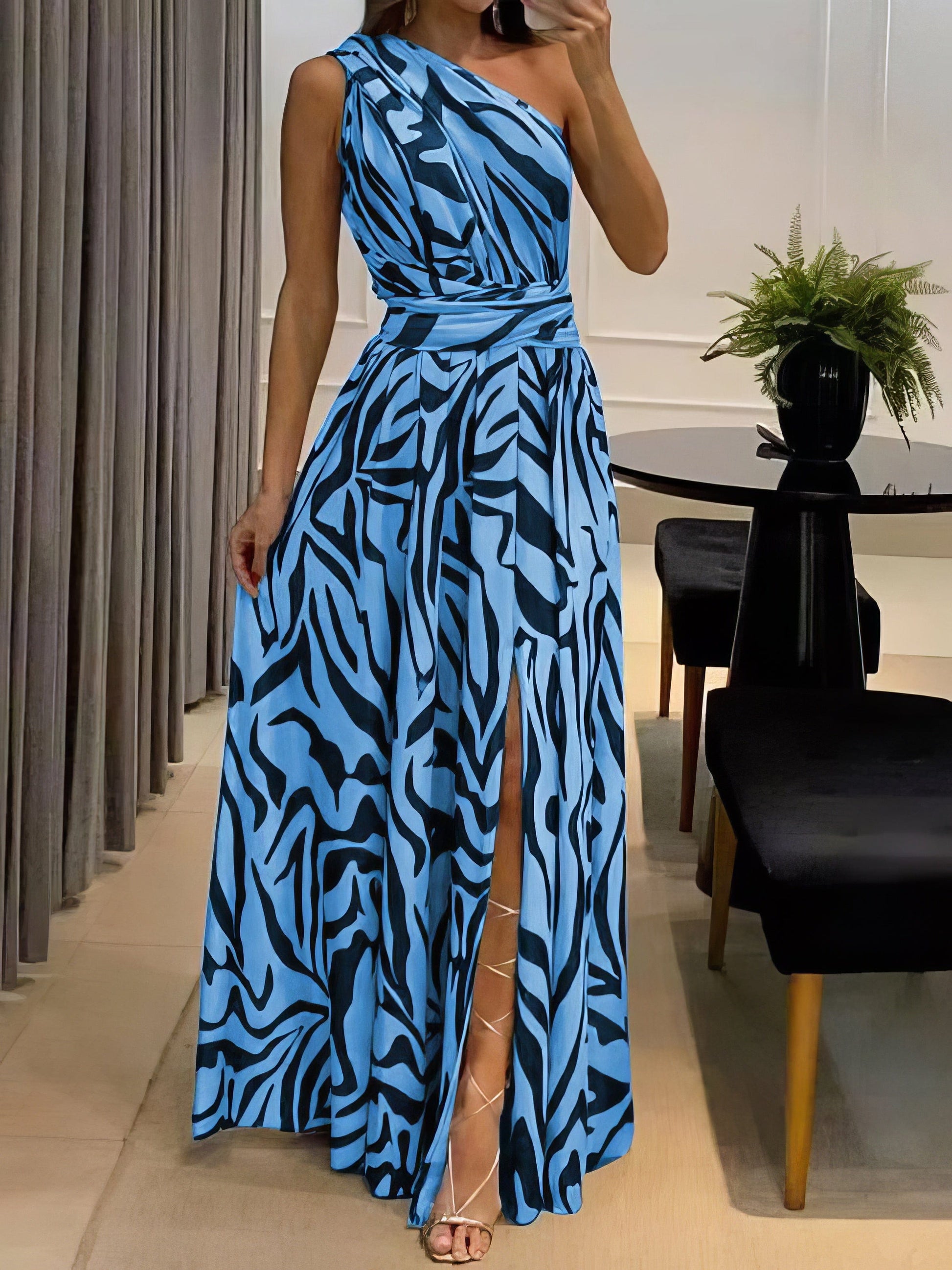 Sexy Slip Back Printed One Shoulder Sleeveless Maxi Dress