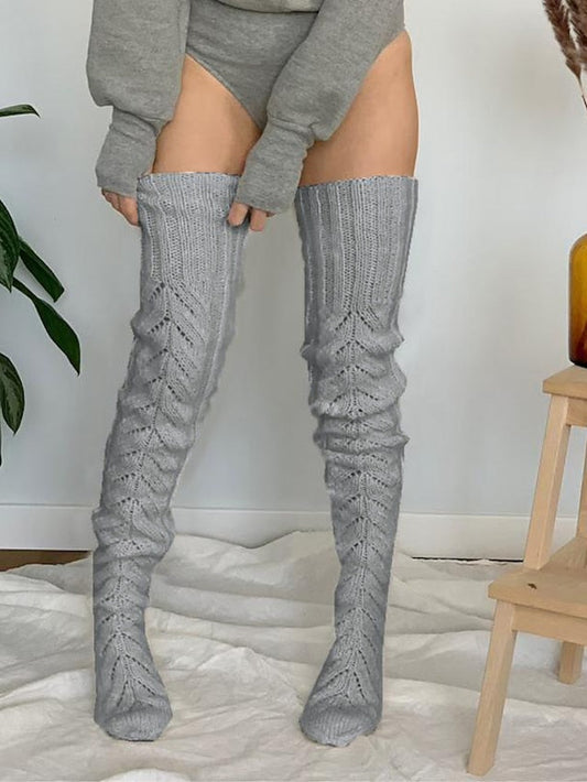 Cozy Winter Orlon Stockings for Women - High Elasticity Thigh-High Socks with Chic Holes in Black, Pink, and Grey