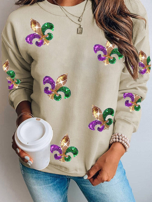 Shimmering Khaki Mardi Gras Sequin Graphic Crewneck Sweater