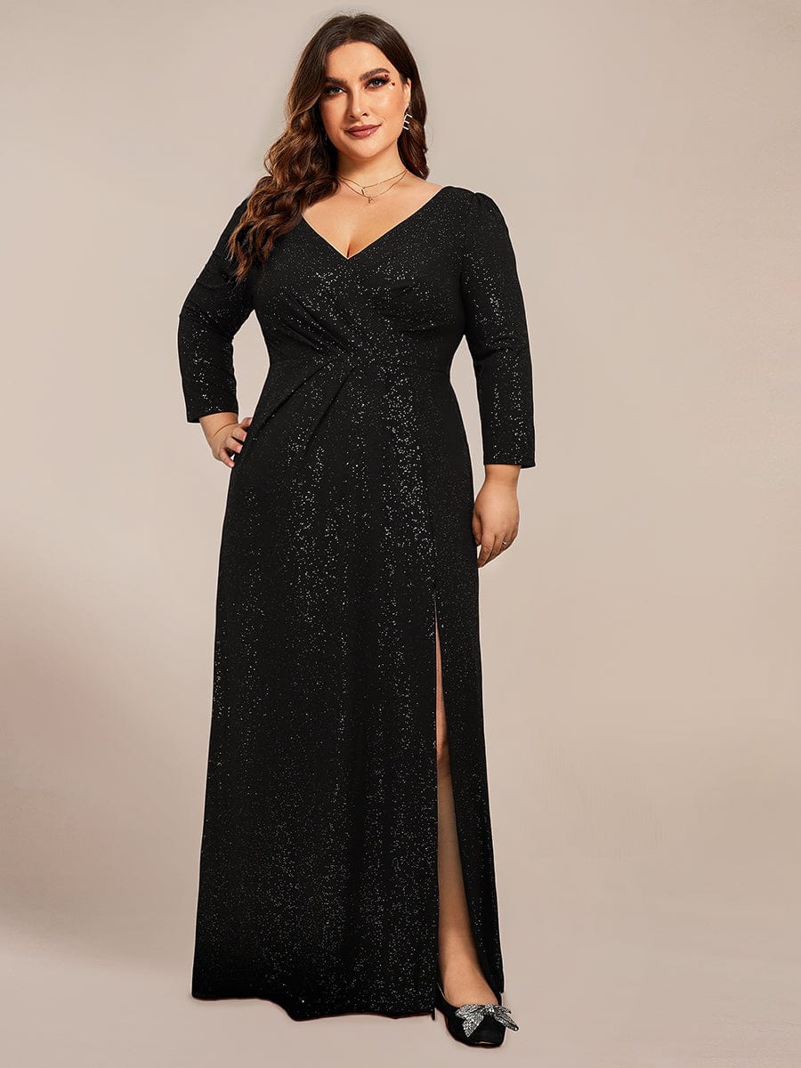 Shimmering Plus Size Sequin Evening Dress with Long Sleeves and V-Neck