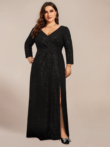 Shimmering Plus Size Sequin Evening Dress with Long Sleeves and V-Neck