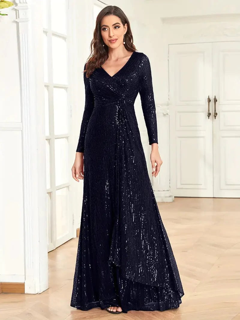 Shimmering V-Neck Evening Gown: Sophisticated Full Sleeves Silhouette for Special Occasions, Women's Apparel