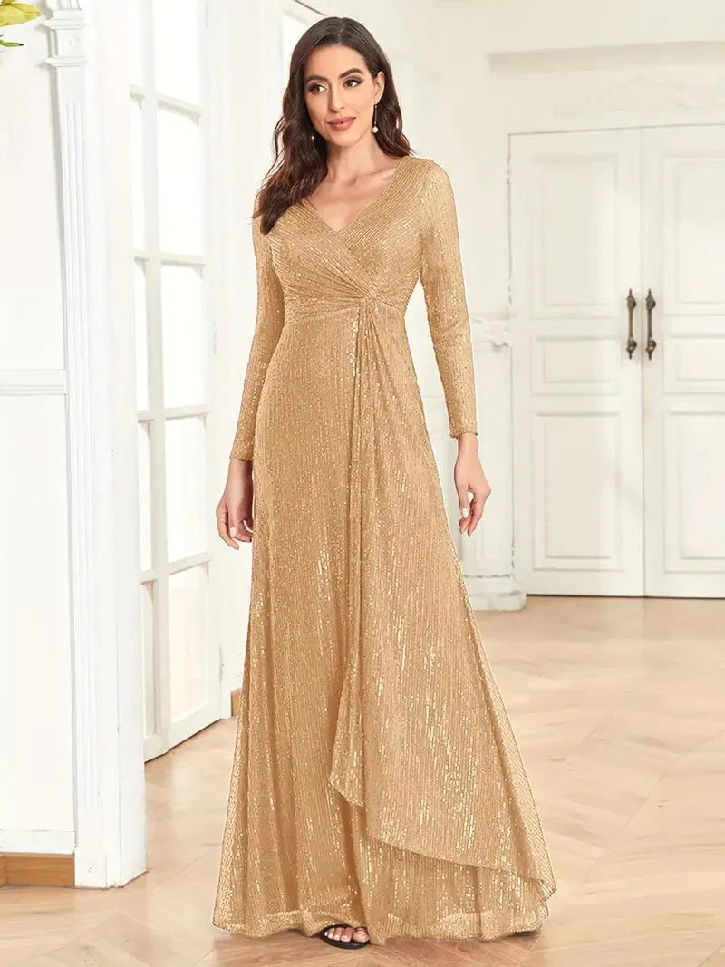 Shimmering V-Neck Evening Gown: Sophisticated Full Sleeves Silhouette for Special Occasions, Women's Apparel
