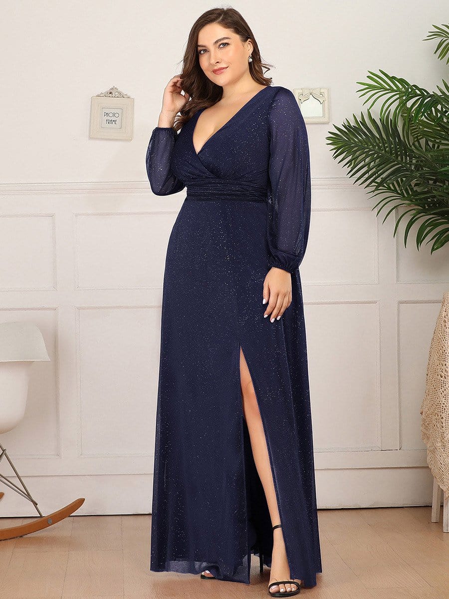 Shiny Puff Sleeve V-Neck Evening Gown for Curvy Women