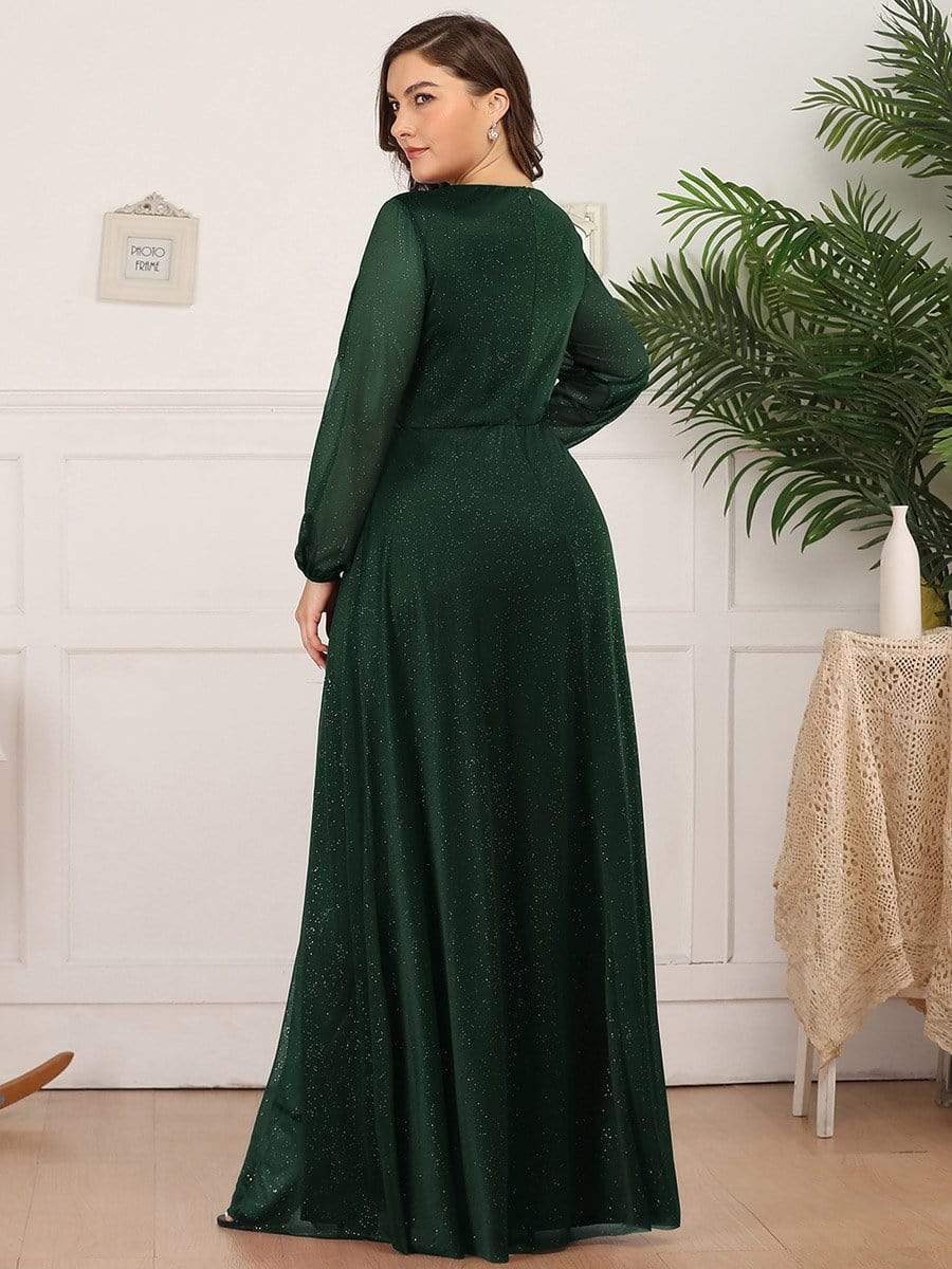 Shiny Puff Sleeve V-Neck Evening Gown for Curvy Women