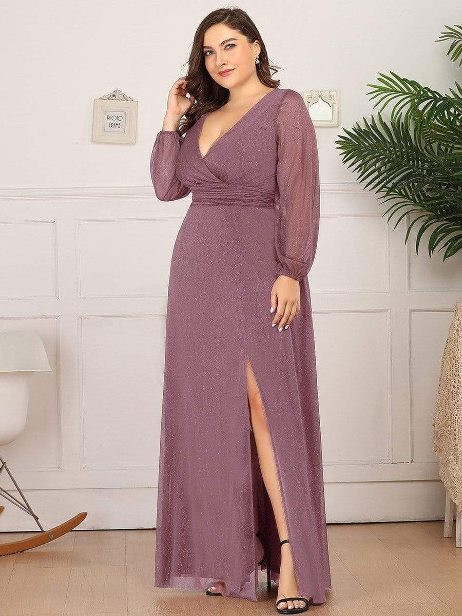 Shiny Puff Sleeve V-Neck Evening Gown for Curvy Women