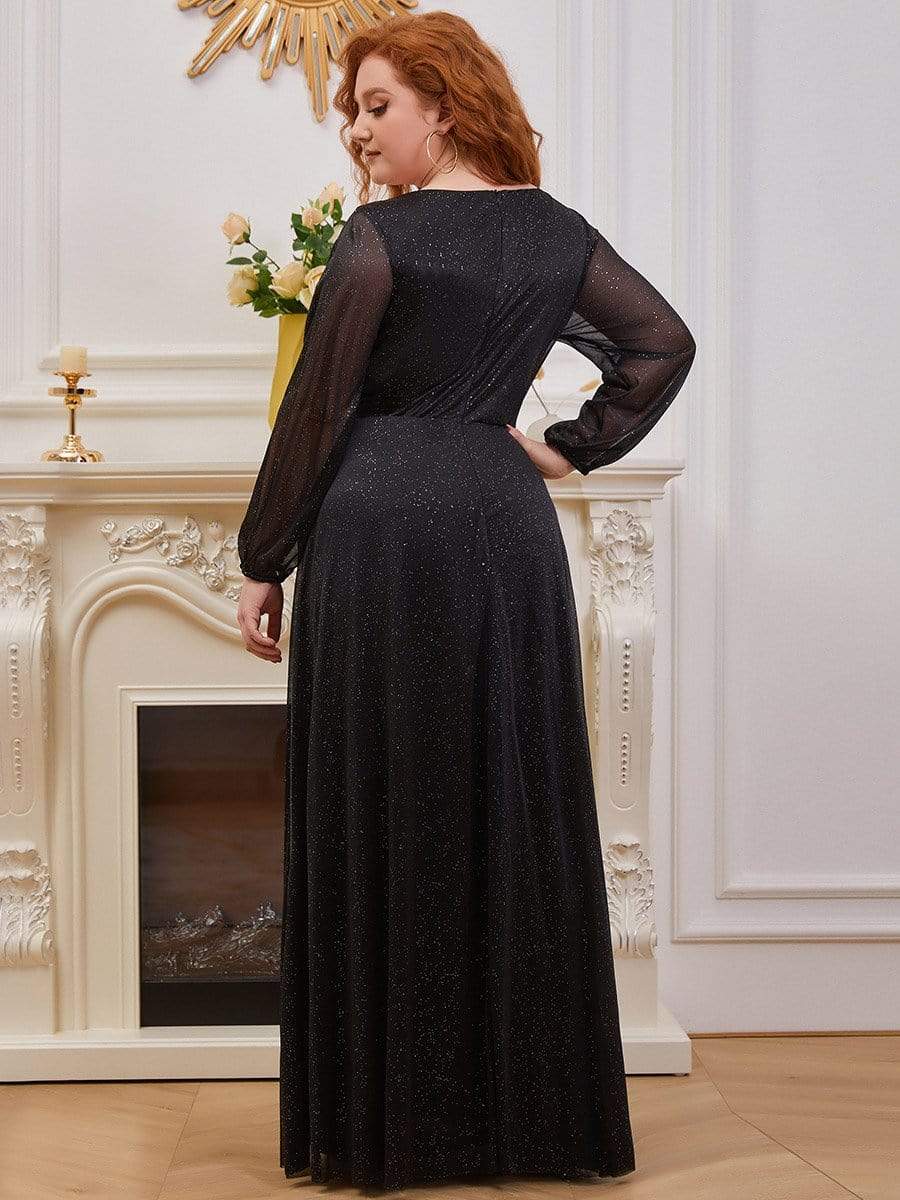 Shiny Puff Sleeve V-Neck Evening Gown for Curvy Women