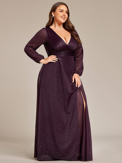 Shiny Puff Sleeve V-Neck Evening Gown for Curvy Women