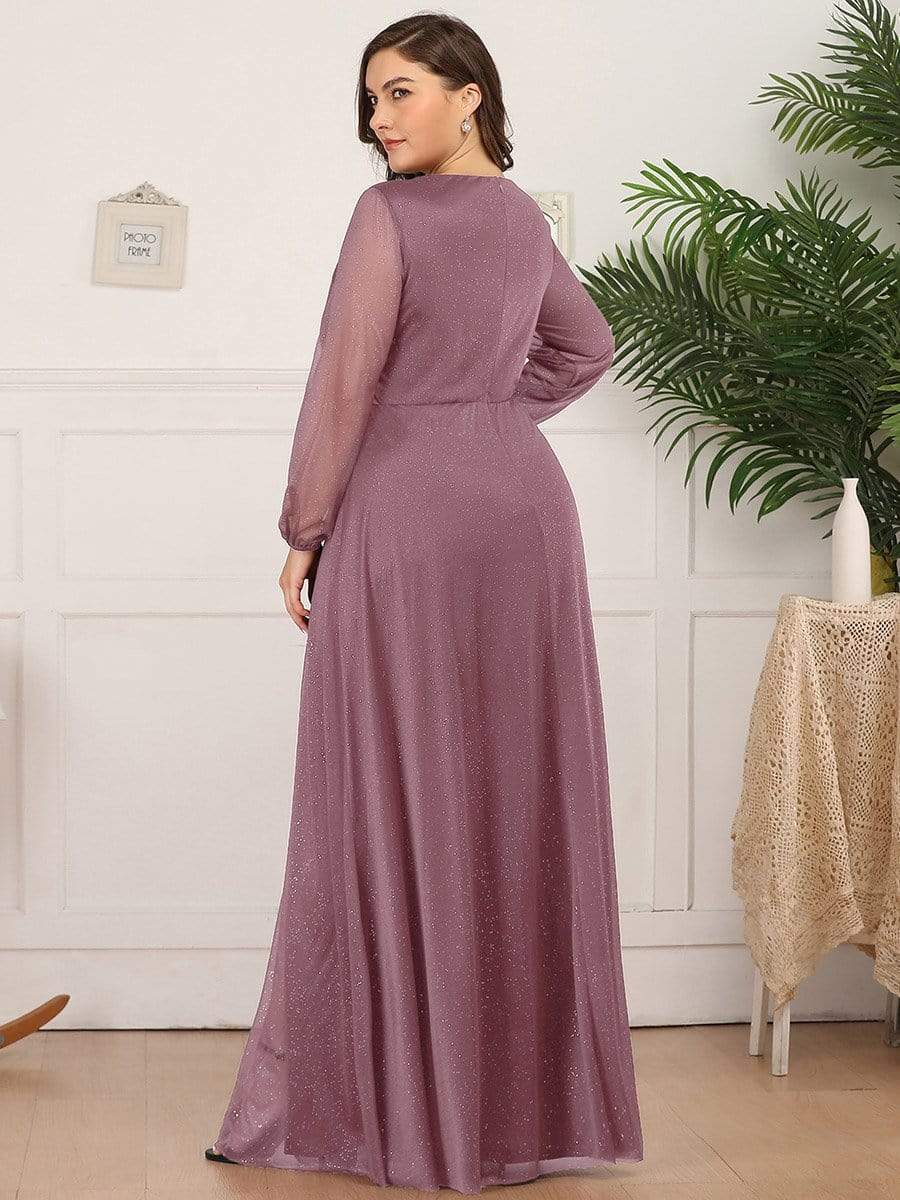 Shiny Puff Sleeve V-Neck Evening Gown for Curvy Women