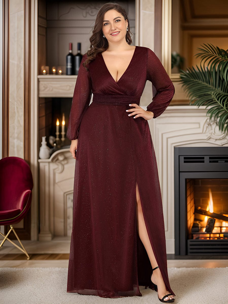 Shiny Puff Sleeve V-Neck Evening Gown for Curvy Women