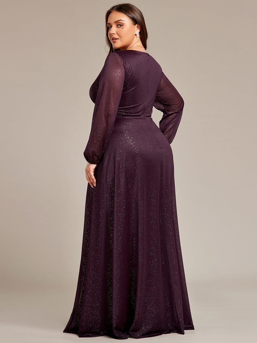 Shiny Puff Sleeve V-Neck Evening Gown for Curvy Women