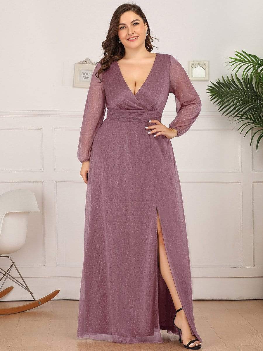 Shiny Puff Sleeve V-Neck Evening Gown for Curvy Women