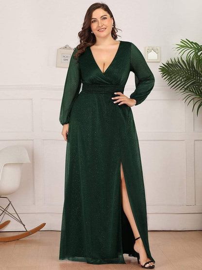 Shiny Puff Sleeve V-Neck Evening Gown for Curvy Women