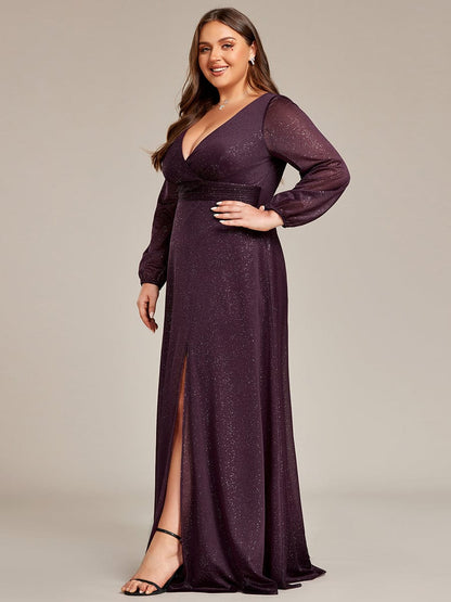 Shiny Puff Sleeve V-Neck Evening Gown for Curvy Women