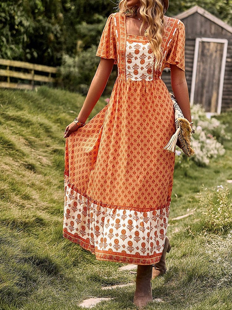 Short Sleeved Bohemian Casual Midi Dress