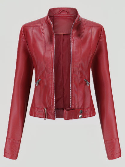 Short Stand-Up Collar Zipped Leather Jacket