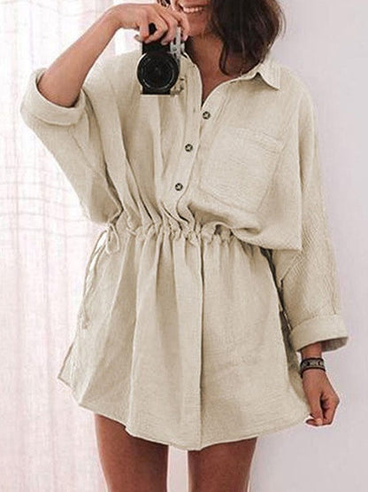 Simple Drawstring Waist Casual Shirt Dress in Off-White Color