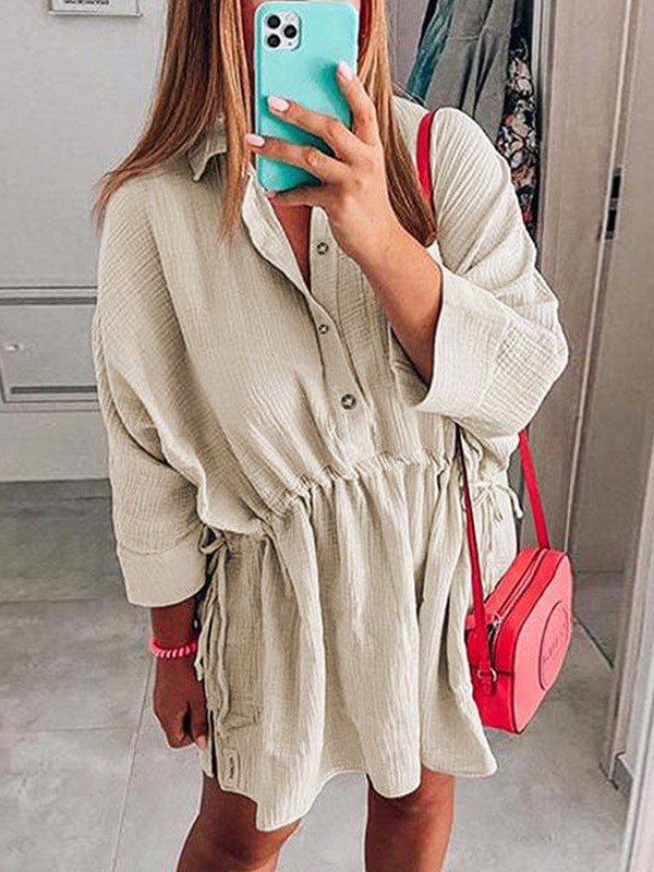 Simple Drawstring Waist Casual Shirt Dress in Off-White Color