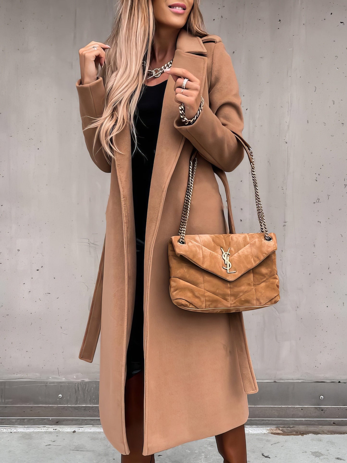 Simple Lapel Belted Long Sleeve Woolen Coat