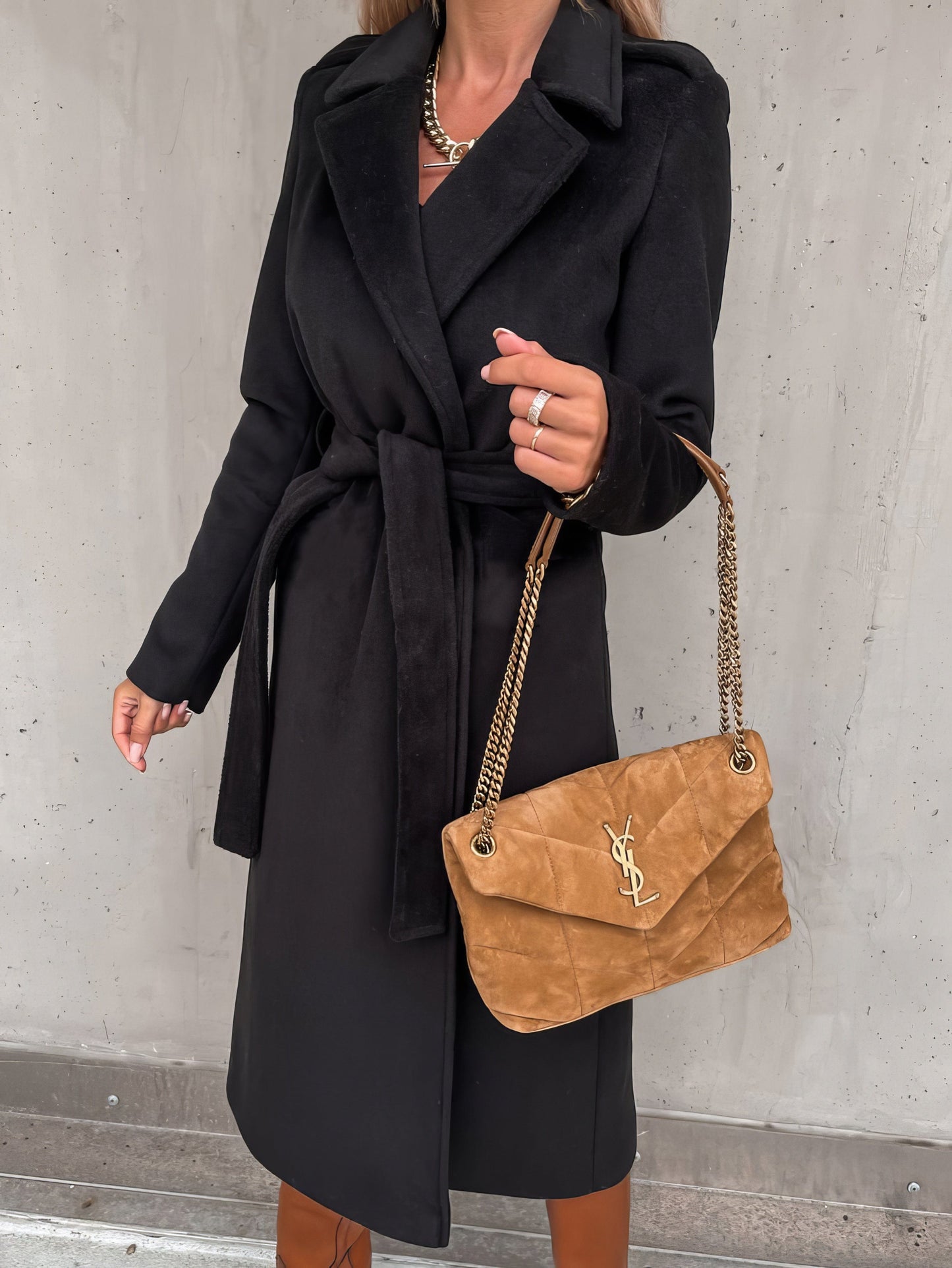 Simple Lapel Belted Long Sleeve Woolen Coat