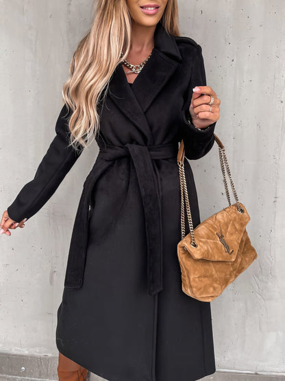 Simple Lapel Belted Long Sleeve Woolen Coat