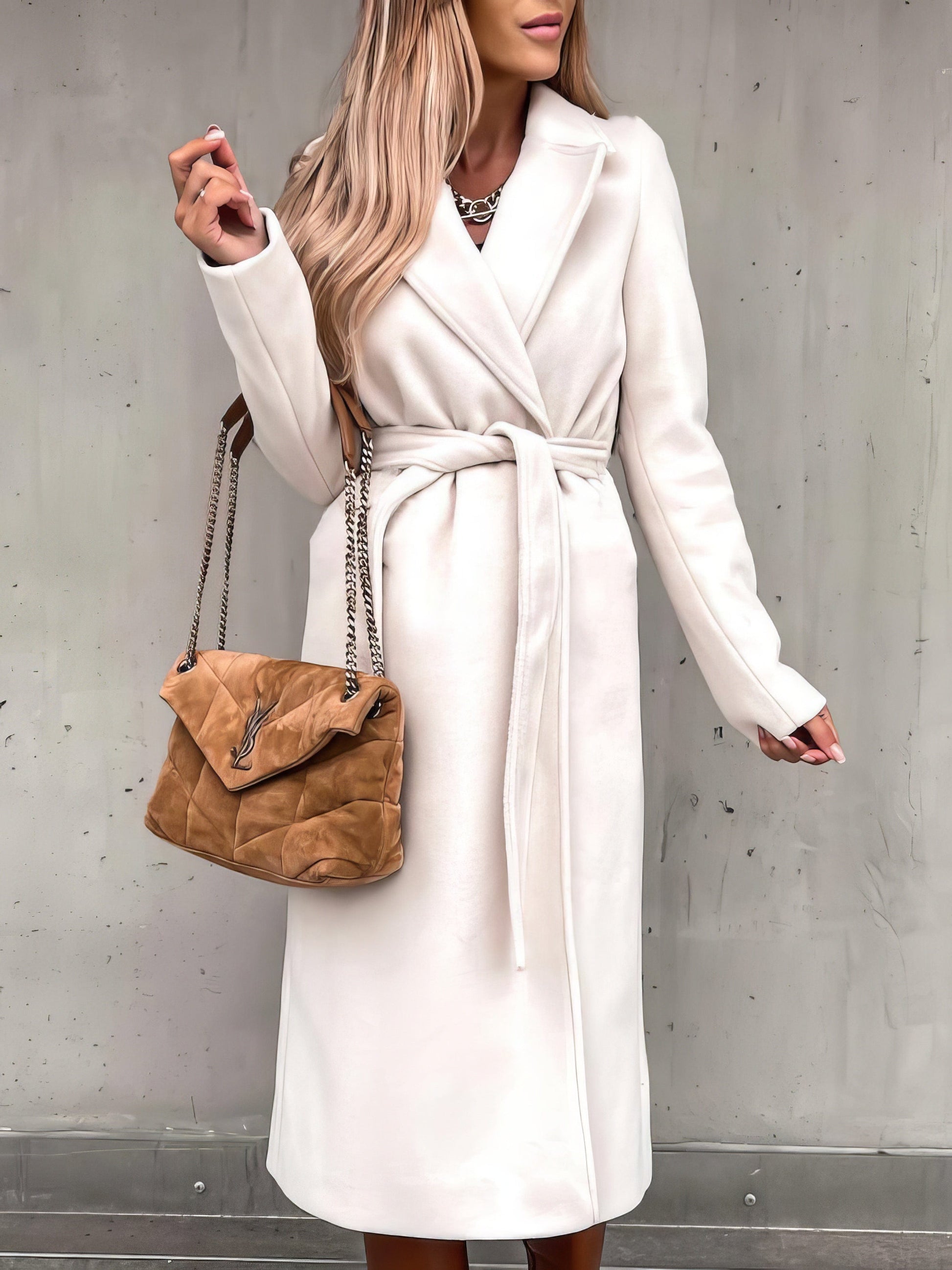 Simple Lapel Belted Long Sleeve Woolen Coat