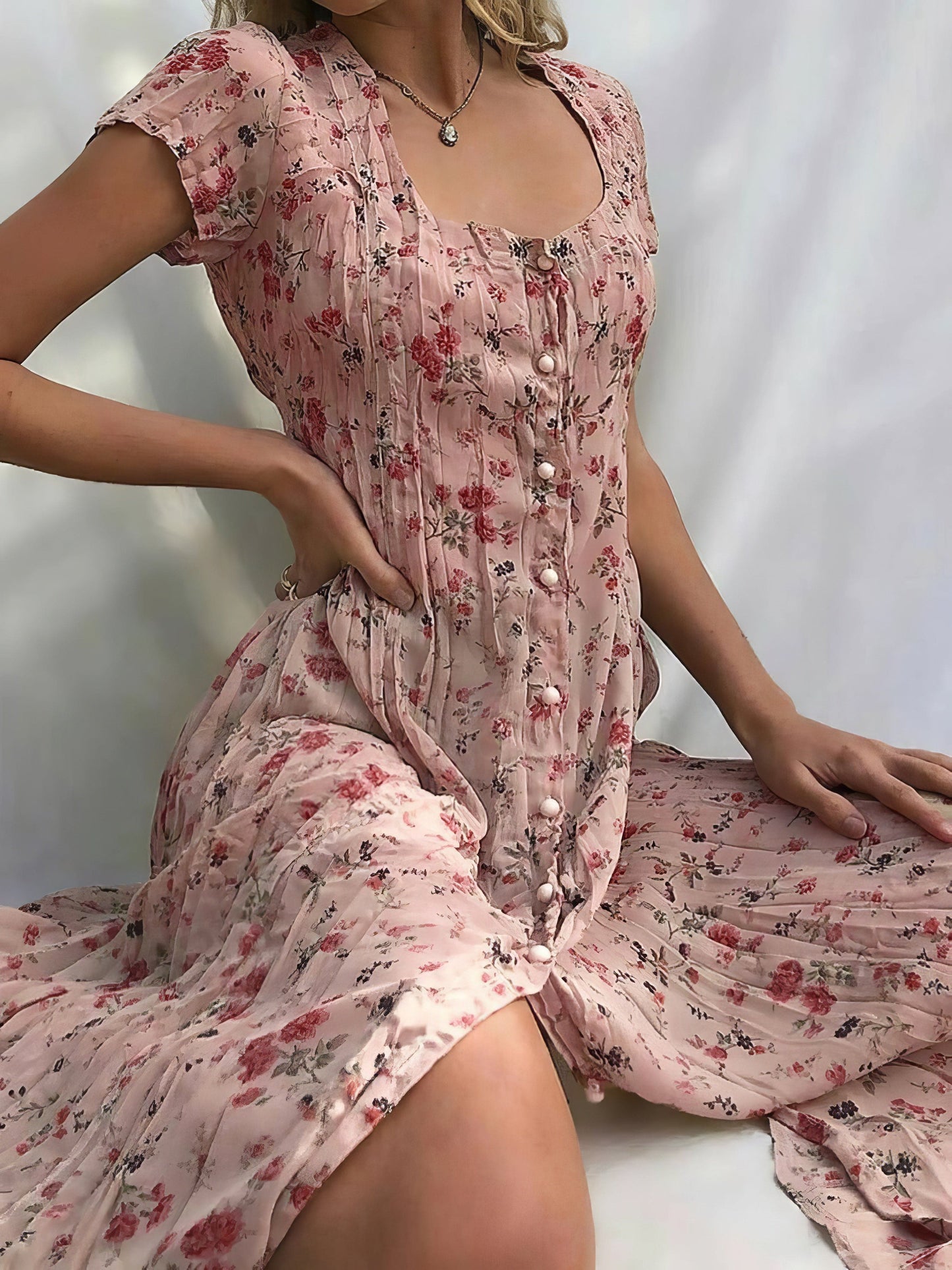 Single Breasted Floral Short Sleeve Dress