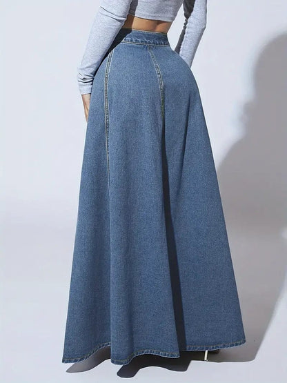 Single-Breasted Plain Maix Flare Denim Skirt, High Rise Washed Blue Retro Denim Skirt, and Women's Denim Jeans & Clothing