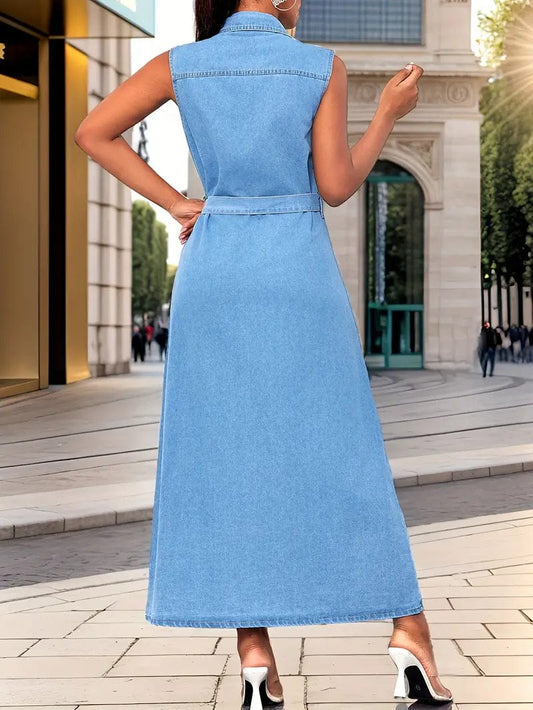 Single-breasted Sleeveless Denim Dress with Tie Belt and Lapel Flap Pocket, Women's Denim Jeans & Clothing