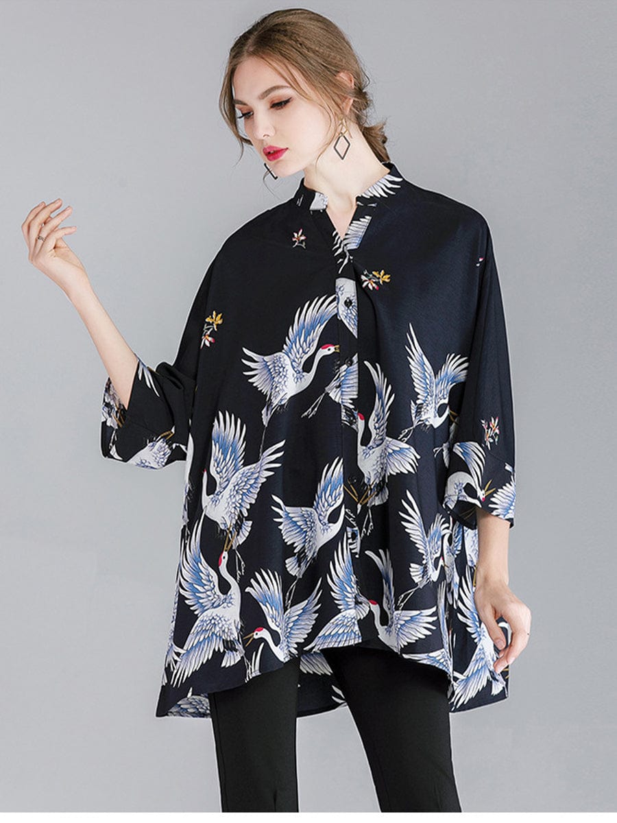 Size Curve Blouses Crane Print Loose Oversized Blouse