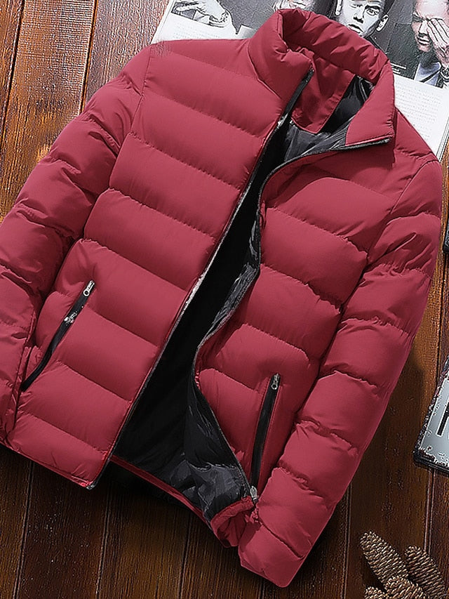 Men's Winter Jacket Puffer Jacket Padded Classic Style Sports Outdoor Windproof Warm Winter Solid Color Black Wine Red Navy Blue Puffer Jacket